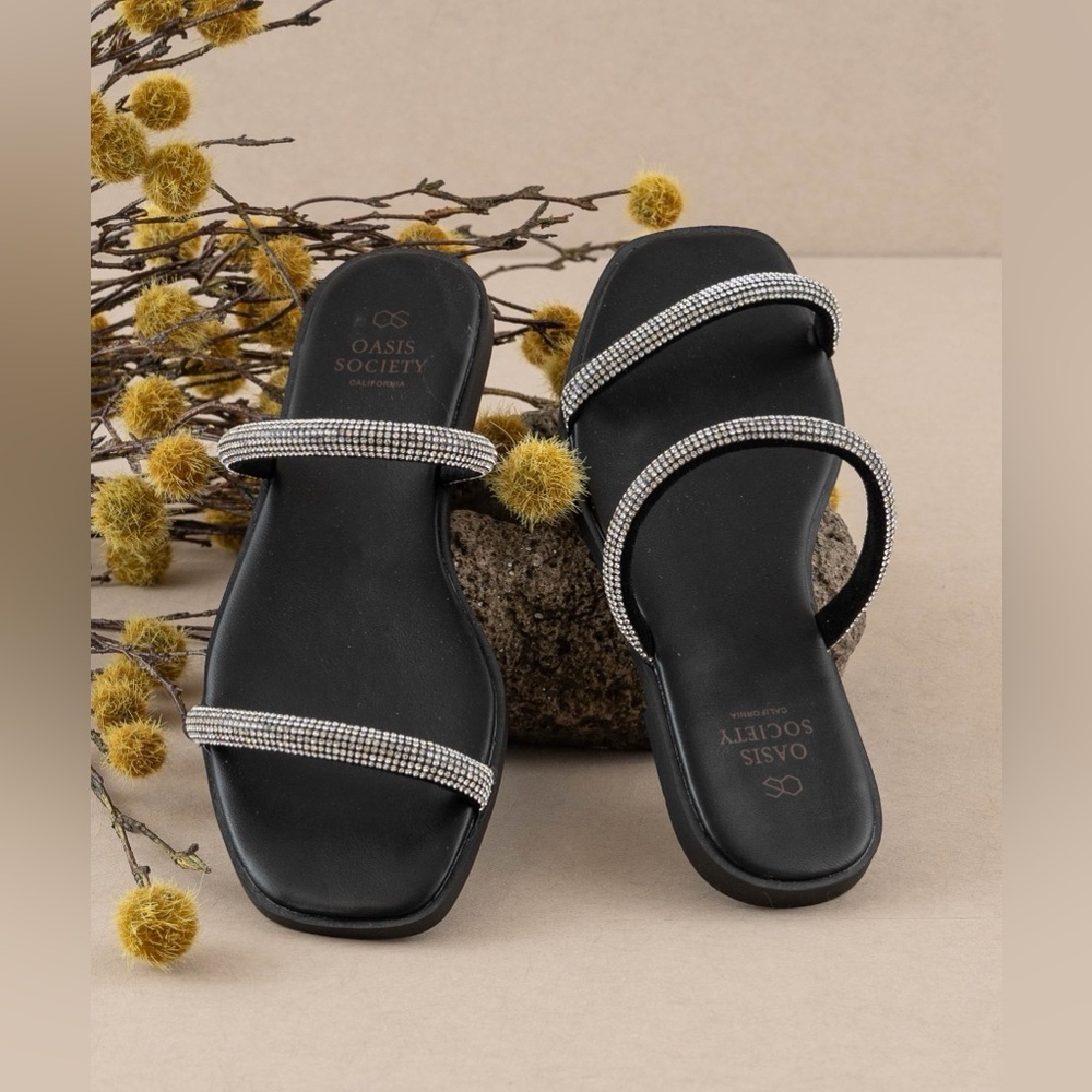 Rhinestone Strappy Flat Slide Sandals - Oasis Society